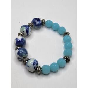 Bead Lot Bracelet Blue White Ceramic Beads with Aqua Glass Beads 13.5mm 9.5mm